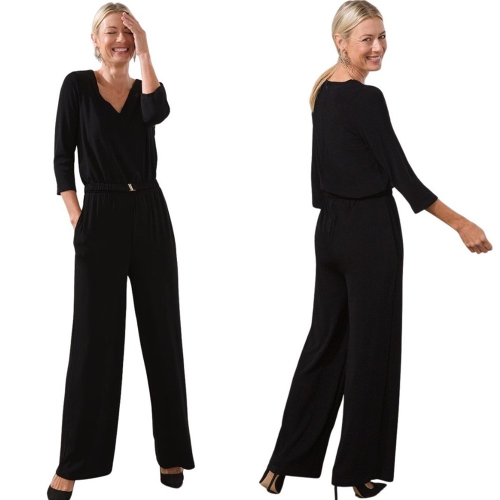 New Chicos Travelers Jumpsuit Black Wide Leg 3/4 Sleeve V Neck‎ Belted Sz 16/18